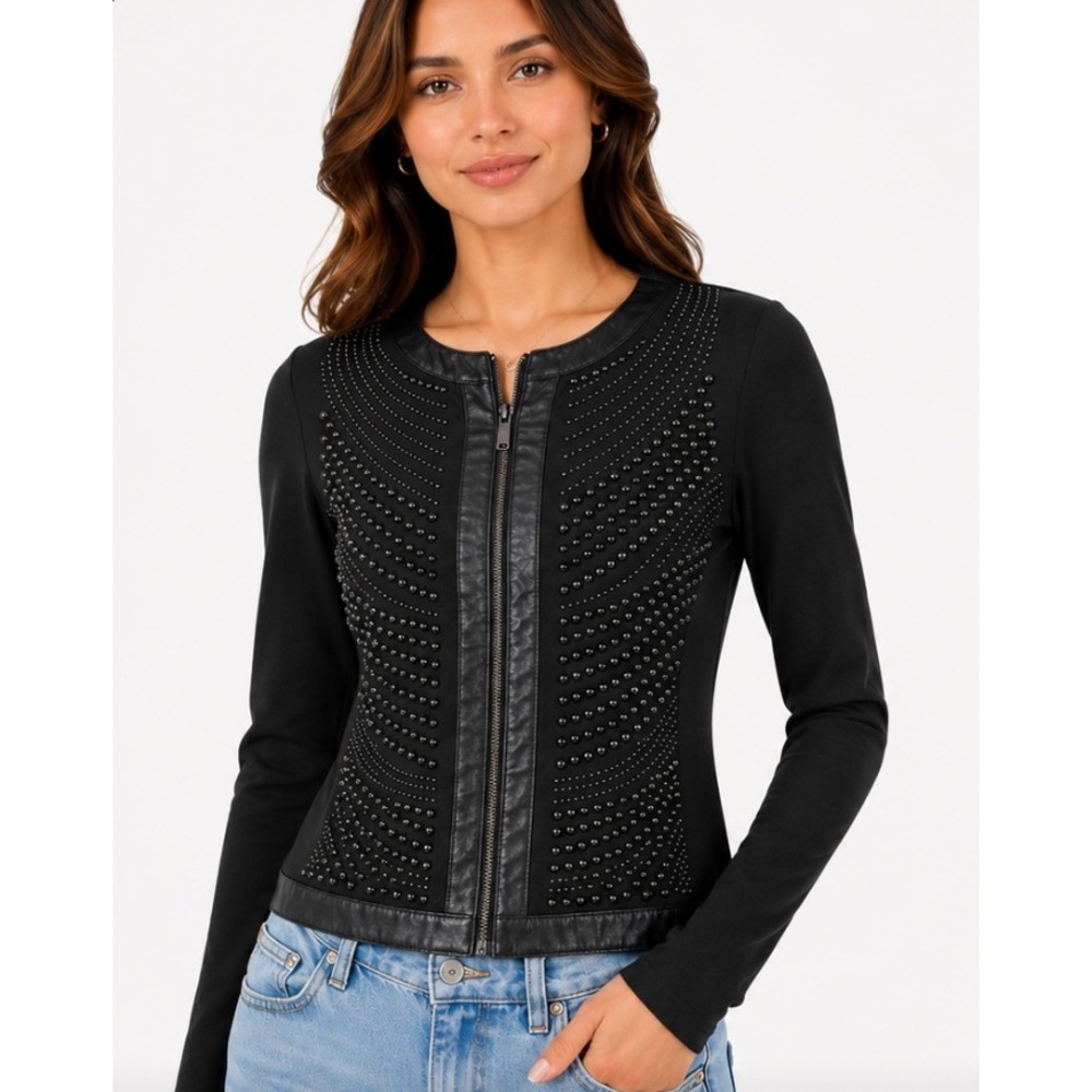 Carmin Studded Faux Leather Trim Zip Up Shirt Women S Black Moto Edgy Biker
